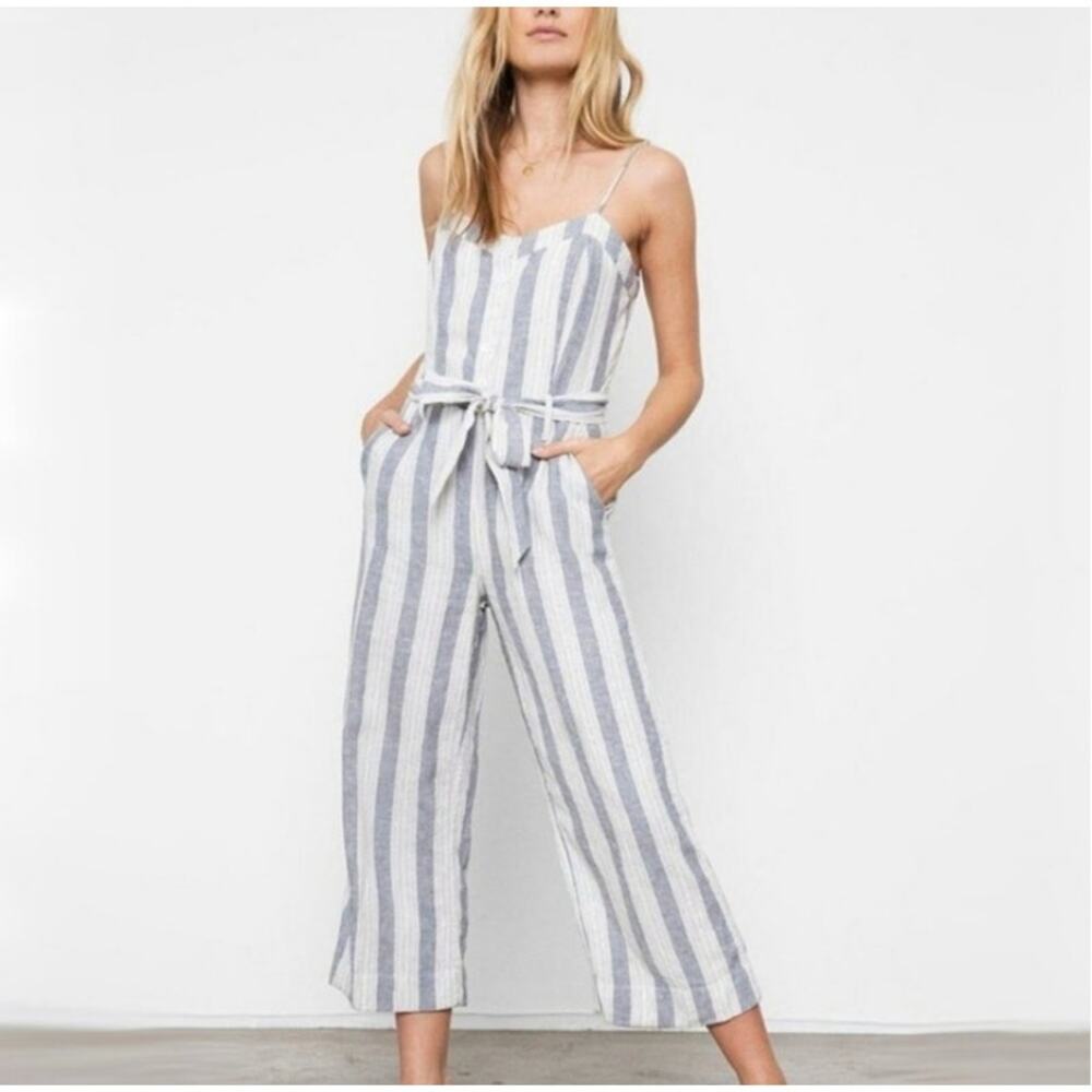Rails Harper Laguna Stripe Jumper Linen Blend Jumpsuit Women's XS Grey White